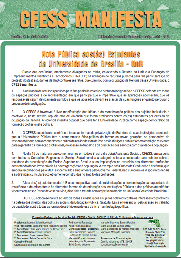 Nota Pública aos/as Estudantes da Universidade de Brasília 09/04/2008